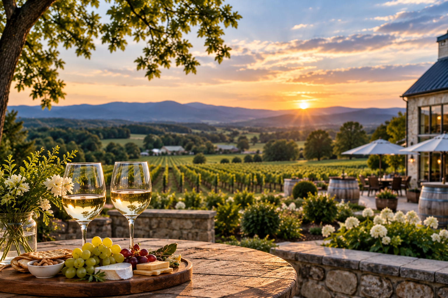 Two glasses of white wine and a cheese board on a stone table overlooking vineyard rows and the Blue Ridge at sunset