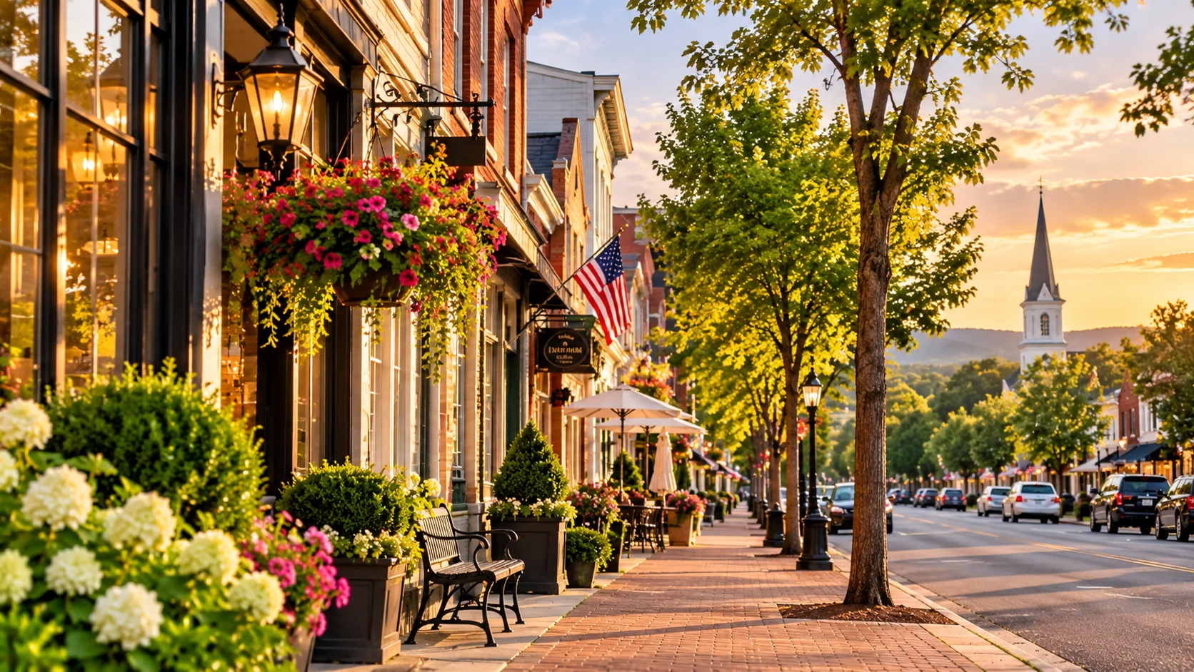 Golden-hour Main Street with brick storefronts, hanging flower baskets, tree-lined sidewalk and a church steeple in the distance