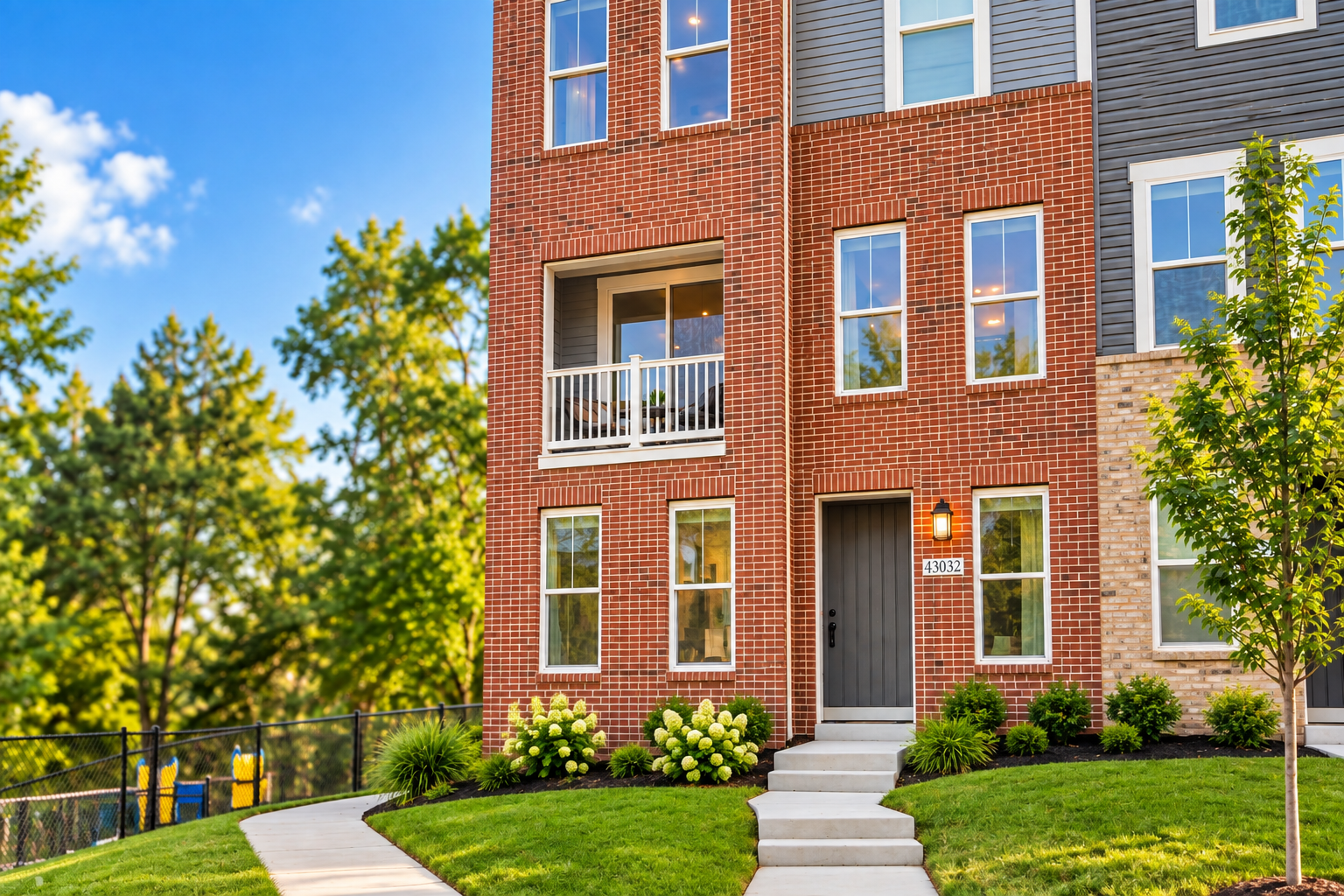 Brick back-to-back townhomes in Aldie with landscaped front walkways