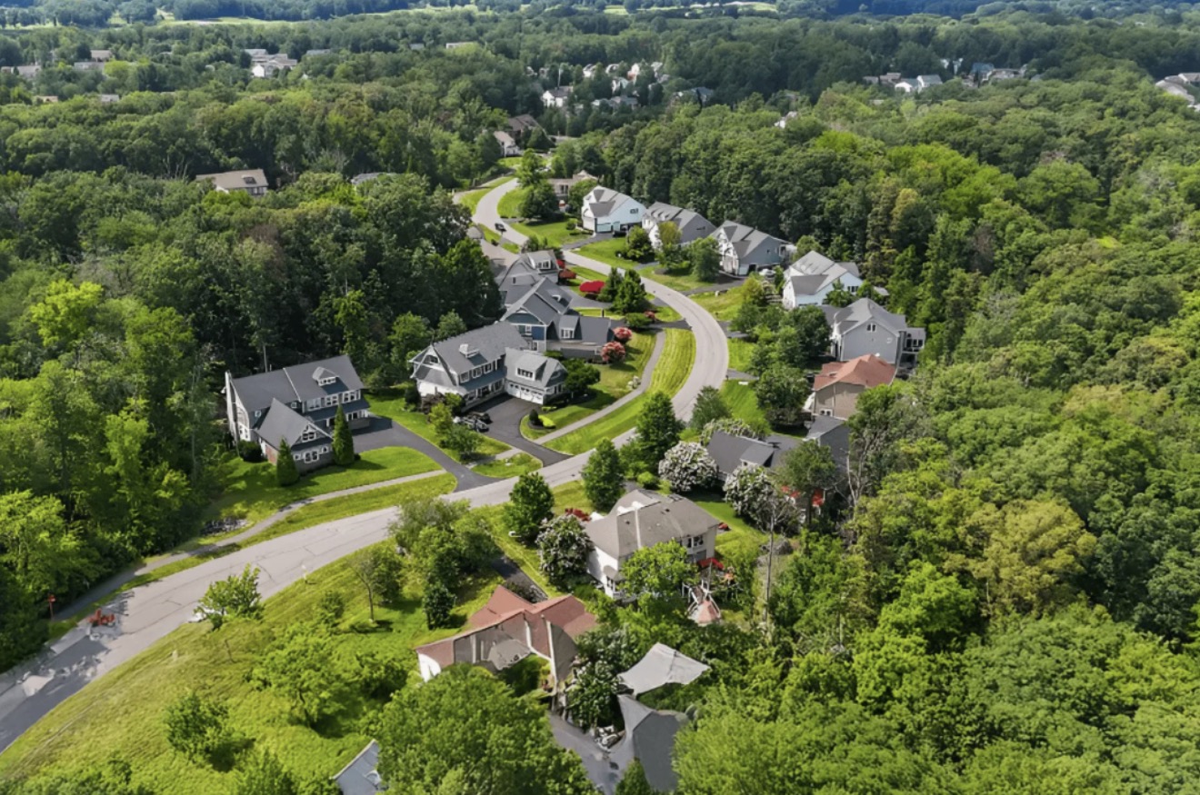 Aerial view of an established residential neighborhood with a curved street winding through mature tree canopy