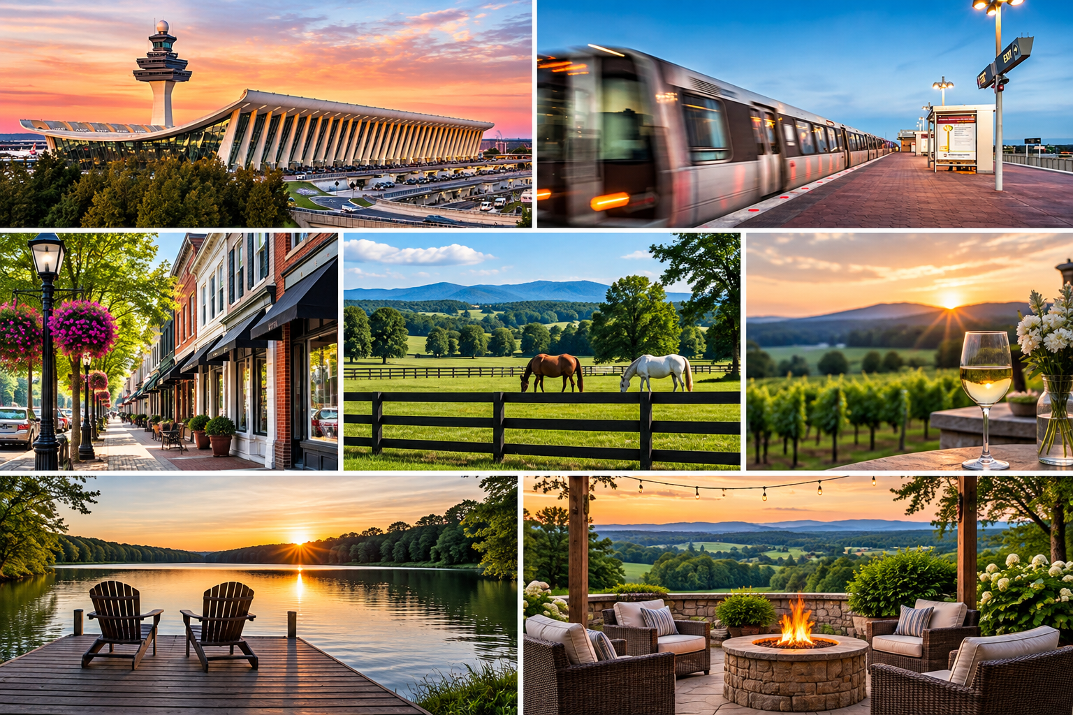 Collage of Loudoun scenes: Dulles airport, a Metro train, a village main street, horses in a pasture, a vineyard at sunset, a lakeside dock, and a patio fire pit