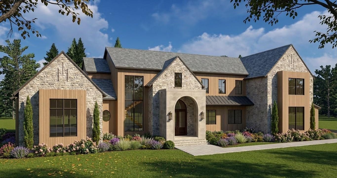 Stone and wood-sided model home in Leesburg with a stone entry arch and landscaped garden beds