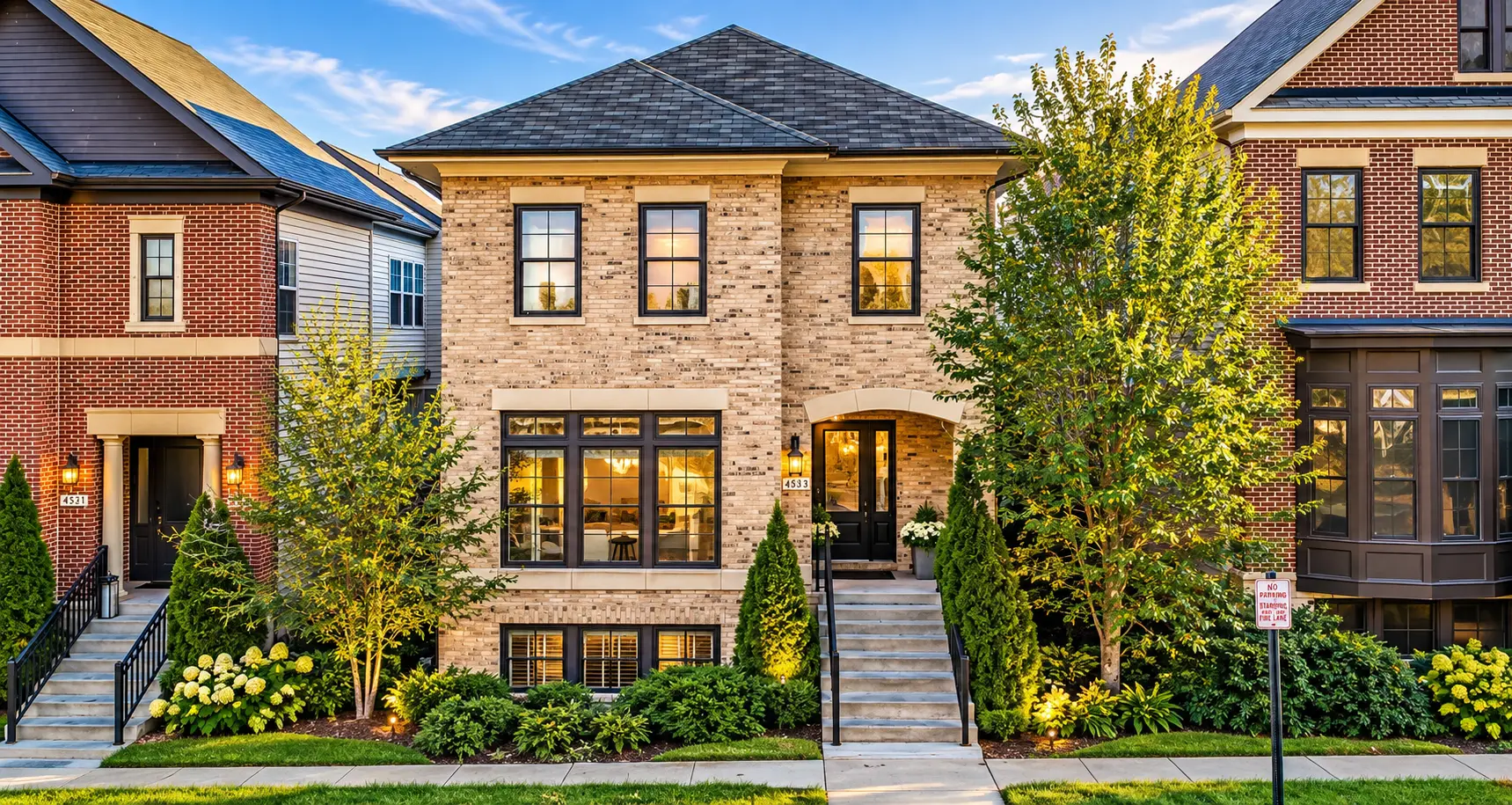 Brick and stone single-family home at golden hour in a Loudoun County neighborhood